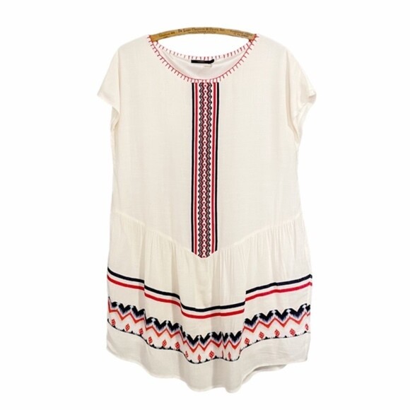 THML Mini Dress Women's Size Medium Cream Boho Tribal Embroidered Dropped Waist - Picture 9 of 10